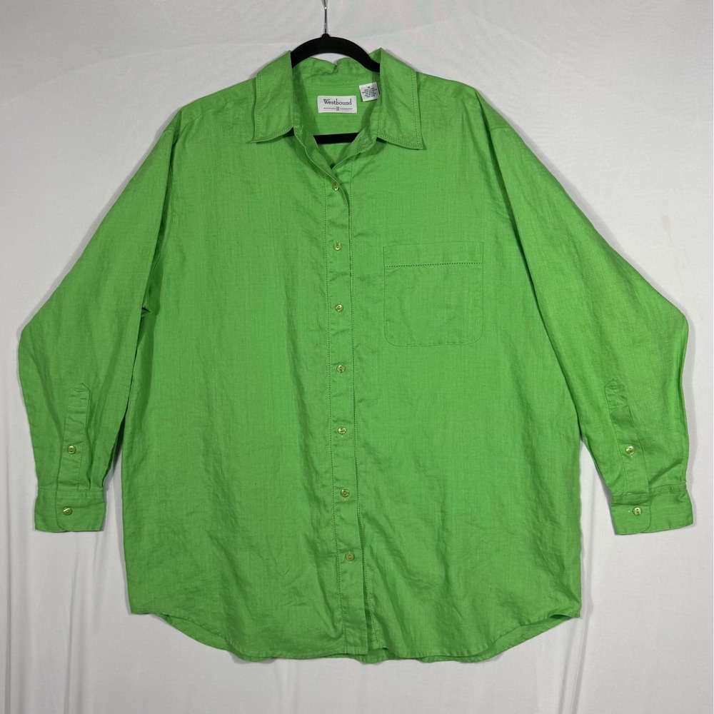 Vtg Westbound 100% Linen Shirt 1X Lime Green Button Up Minimalist Lagenlook EUC